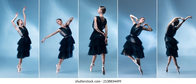 Collage Of Portraits Of One Young Beautiful Female Ballet Dancer In Black Dress Dancing Isolated On Blue Background. Concept Of Art, Beauty, Aspiration, Creativity, Classic Dance Style, Ad