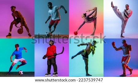 Collage. Portraits of people, doing professional sports, training isolated over multicolored background in neon. Concept of sport, healthy and active lifestyle, motivation, activity. Copyspace for ad