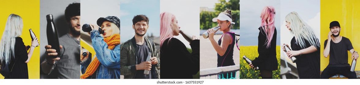 Collage Of Portraits, Of People Using Reusable Steel Thermo Water Bottle.