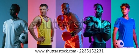 Collage. Portraits of professional athletes of different sports posing, training isolated over multicolored background in neon lights. Concept of sport, active and healthy lifestyle. Copy space for ad