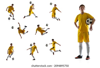 Collage. Portraits of professional football player in yellow uniform training, posing isolated over white background. Concept of sport, active and healthy lifestyle, team game. Copy space for ad