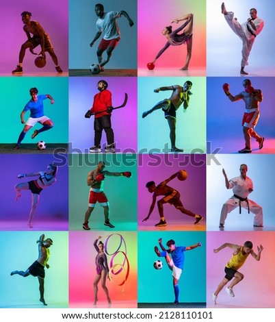 Collage. Portraits of professional sportive people training, posing isolated on multicolored background in neon. Concept of sport, healthy and active lifestyle, motivation, activity. Copyspace for ad