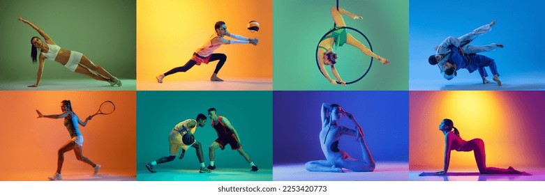 Collage. Portraits of professional sportsmen training, posing isolated over multicolored background in neon. Concept of sport, healthy and active lifestyle, motivation, activity. Horizontal banner