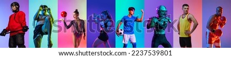 Collage. Portraits of professional sportsmen training, posing isolated over multicolored background in neon. Concept of sport, healthy and active lifestyle, motivation, activity. Copyspace for ad