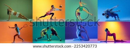 Collage. Portraits of professional sportsmen training, posing isolated over multicolored background in neon. Concept of sport, healthy and active lifestyle, motivation, activity. Horizontal banner