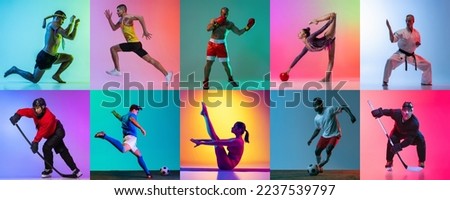 Collage. Portraits of sportive people training isolated over multicolored background in neon. Yoga, rhytmic gymnast, boxer, hockey, basketball player, runner. Concept of sport, competition, lifestyle