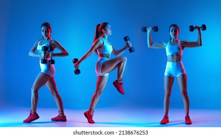 Collage with portraits of sportive young girl doing exercises with weights isolated on blue studio background in neon light. Sport, gym, action, motion, beauty concept. Fitness, hobby, health