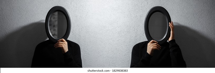 Collage portraits of two men with black mirror on face. Background of  textured wall of grey color.