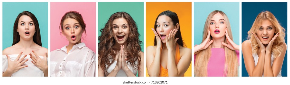 The collage from portraits of women with shocked facial expression - Shutterstock ID 718202071