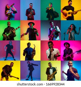 Collage of portraits of young 11 emotional talented musicians on multicolored background in neon light. Concept of human emotions, facial expression, sales. Playing guitar, saxophone, singing, dancing