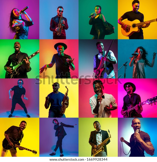 Collage of portraits of young 11 emotional\
talented musicians on multicolored background in neon light.\
Concept of human emotions, facial expression, sales. Playing\
guitar, saxophone, singing,\
dancing
