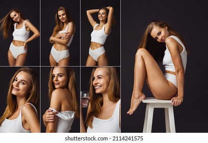 Collage. Portraits Of Young Attractive Woman Posing In White Bodysuit Isolated Over Black Background. Concept Of Beauty, Body And Skin Care, Health, Plastic Surgery, Cosmetics, Ad