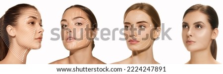 Collage. Portraits of young beautiful woman with lifting arrows on face. Cosmetological injections. Concept of beauty treatment, plastic surgery, medicine, clinical cosmetology, ad