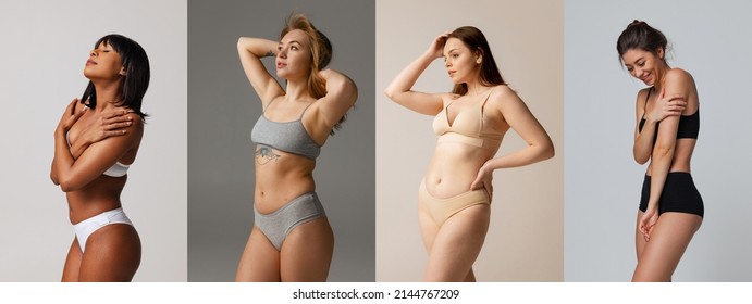 Collage. Portraits Of Young Beautiful Women In Cotton Underwear Posing Isolated Over Multicolored Background. Body-positivity. Concept Of Beauty, Body And Skin Care, Health, Fitness, Cosmetics, Ad