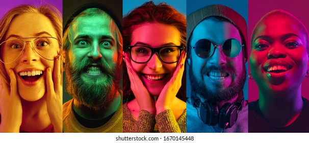 Collage of portraits of young emotional people on multicolored background in neon. Concept of human emotions, facial expression, sales. Smiling, listen to music with headphones. Flyer for ad, proposal - Shutterstock ID 1670145448