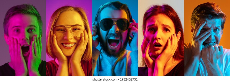 Collage of portraits of young emotional people on multicolored background in neon. Concept of human emotions, facial expression, sales. Laughting, smiling, scared, shocked. Flyer for ad, offer - Shutterstock ID 1932402731