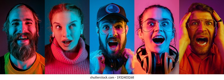 Collage Of Portraits Of Young Emotional People On Multicolored Background In Neon. Concept Of Human Emotions, Facial Expression, Sales. Shocked, Wondered, Astonished, Thinking. Flyer For Ad, Offer