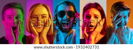 Collage of portraits of young emotional people on multicolored background in neon. Concept of human emotions, facial expression, sales. Laughting, smiling, scared, shocked. Flyer for ad, offer