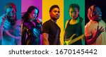 Collage of portraits of young emotional talented musicians on multicolored background in neon light. Concept of human emotions, facial expression, sales. Playing guitar, singing, dancing.