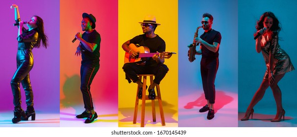 Collage of portraits of young emotional talented musicians on multicolored background in neon light. Concept of human emotions, facial expression, sales. Playing saxophone, guitar, singing, dancing. - Shutterstock ID 1670145439