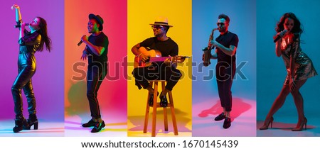 Collage of portraits of young emotional talented musicians on multicolored background in neon light. Concept of human emotions, facial expression, sales. Playing saxophone, guitar, singing, dancing.
