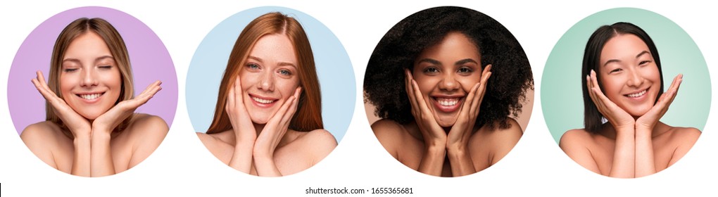 Collage with positive diverse young bare shouldered women without makeup with pure smooth skin touching faces and smiling