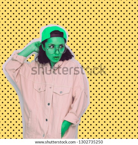 Collage poster art of fashion pretty alien green girl in sunglasses, denim jacket and baseball cap. Retro style of magazine cutting