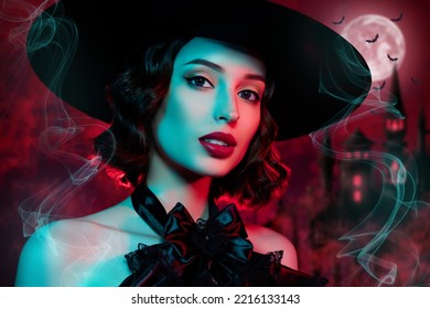 Collage Poster Of Cruel Frightening Mysterious Woman Gothic Witch Living Haunting Hell House Isolated Red Fog Color Background