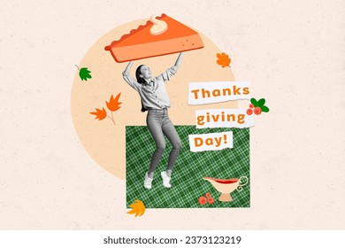 Collage poster image of cheerful cute girl raise huge piece tasty pumpkin pie isolated on drawing background