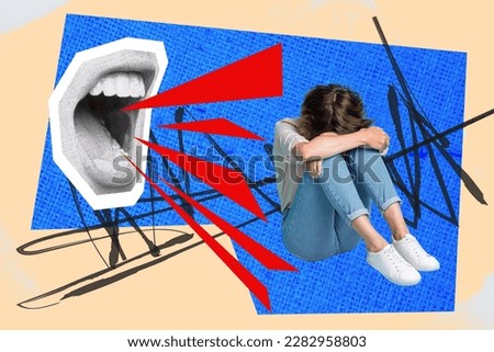 Collage poster picture artwork image of sad upset woman abuse victim sitting listening accusation isolated on painted background