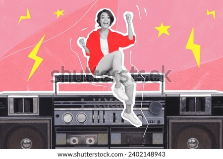 Collage poster picture illistration young lady sitting cd cassette player boombox music player listen audio rest lighning symbol