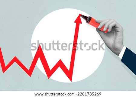 Collage poster research of businesspeople painting chart arrow going up have capital budget profit