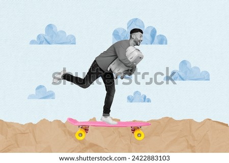 Collage poster young man traveler carry luggage suitcase longboard skate rider travel agency promo tourism vacation sky clouds background