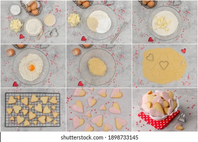 Collage preparing of heart-shaped cookies with pink chocolate glaze for Valentine's Day. Recipe step by step. Horizontal, top view - Powered by Shutterstock