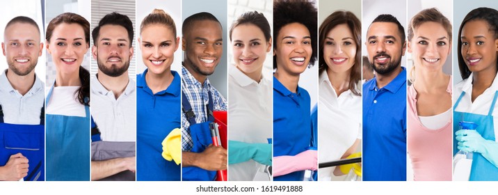 Collage Of Professional Cleaners. Diverse Group Of People Portraits