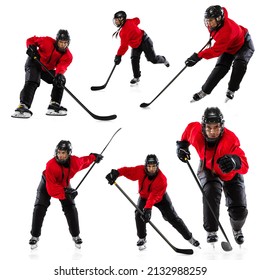 Collage. Professional female hockey player, goalkeeper training isolated on white background. Match, competition, game. Concept of sport, action, movement, health. Copy space for ad - Powered by Shutterstock