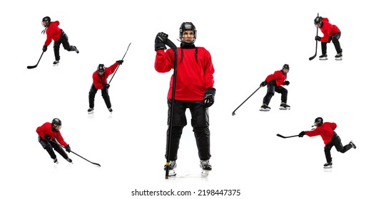 Collage. Professional female hockey player, woman training isolated on white background. Match, competition, game. Competitive. Concept of sport, action, movement, health. Copy space for ad - Powered by Shutterstock