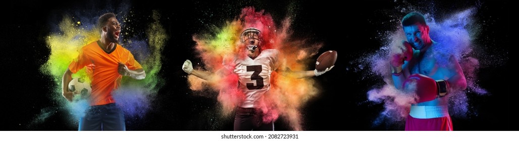 Collage with professional football players and boxer posing in explosion of paints and colorful powder isolated on black background. Splashing of bright colors. Horizontal flyer, poster