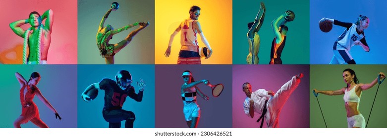 Collage with professional sport people, men and women training fencing, tennis, basketball, gymnastics, martial arts, fitness on multicolor neon background. Active lifestyle, competition, ad concept - Powered by Shutterstock