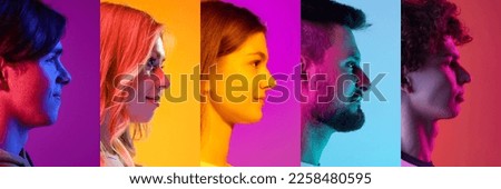 Collage of profile view faces of young men and women looking ahead over multicolored background in neon light. Concept of emotions, facial expression, fashion, beauty. Horizontal banner, flyer