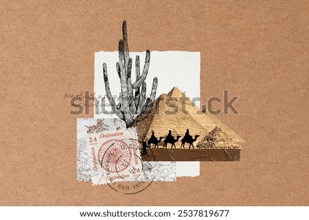 Collage of pyramids, camels, and cactus on brown paper textured background. Travel theme with stamps and maps. Desert vibes with pyramids and camels. Vintage brown paper textured background aesthetic.
