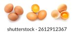 Collage of raw chicken eggs on white background, top view