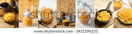 Collage of raw conchiglie pasta on table