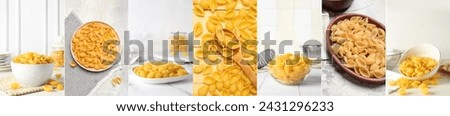 Collage of raw conchiglie pasta on light table