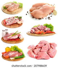 Collage Of Raw Meat Isolated On White