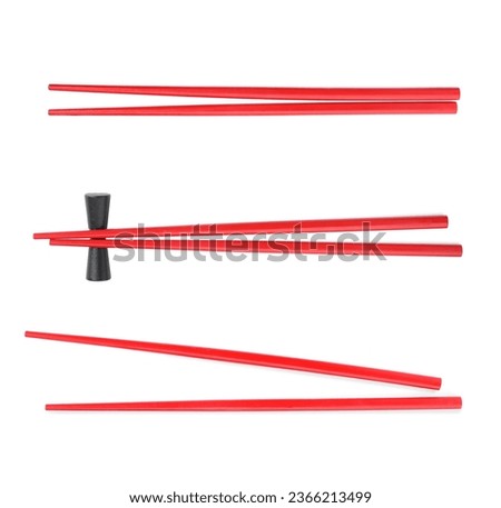 Collage with red chopsticks isolated on white