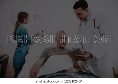 Collage Rehabilitation Patient Medical Check Up. Professional Doctor Using Digital Tablet. Sick Old Man Lying in Hospital Bed. Nurse Put Iv Drip in Modern Clinic. Healthcare and Medicine Concept - Powered by Shutterstock