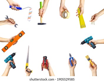 Collage of repair tools on a white background. Selective focus. People.