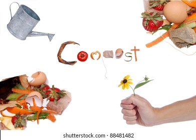 A Collage Representing the Cycle of Compost, with the Word Compost Written in Kitchen Scraps, Isolated on White