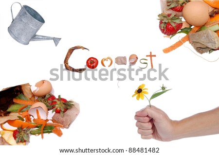 A Collage Representing the Cycle of Compost, with the Word Compost Written in Kitchen Scraps, Isolated on White